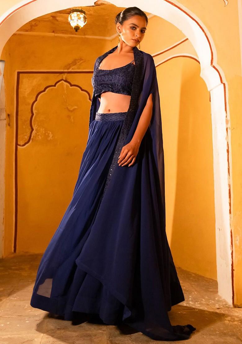 Blue Emboridered Blended Lehenga Choli - Indya
