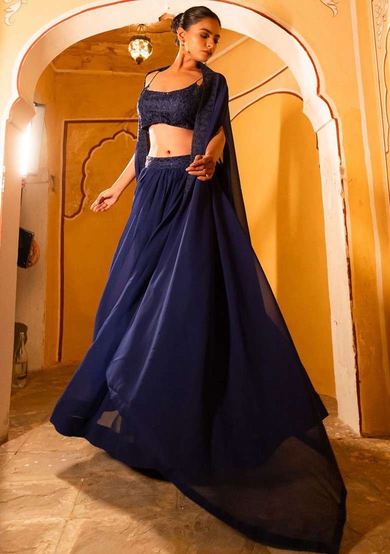 Blue Emboridered Blended Lehenga Choli - Indya