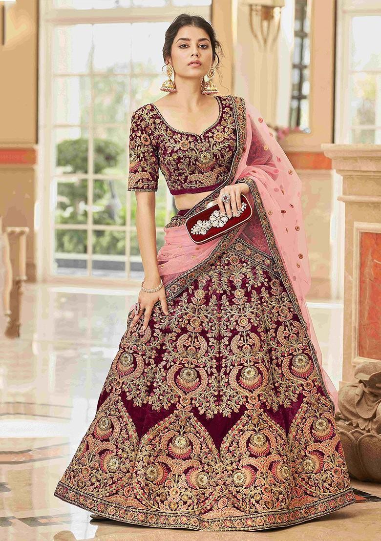 Maroon Embellished Blended Lehenga Choli - Indya