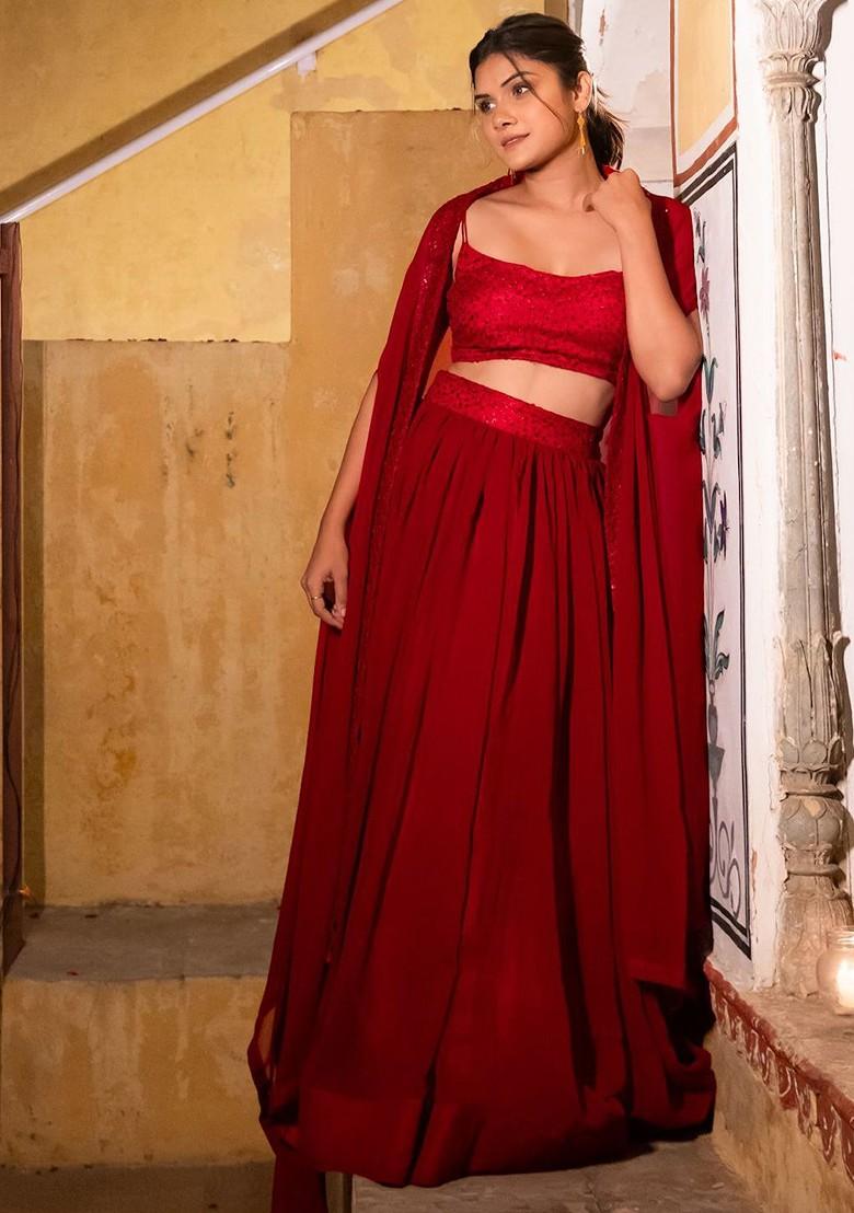 Red Emboridered Blended Lehenga Choli