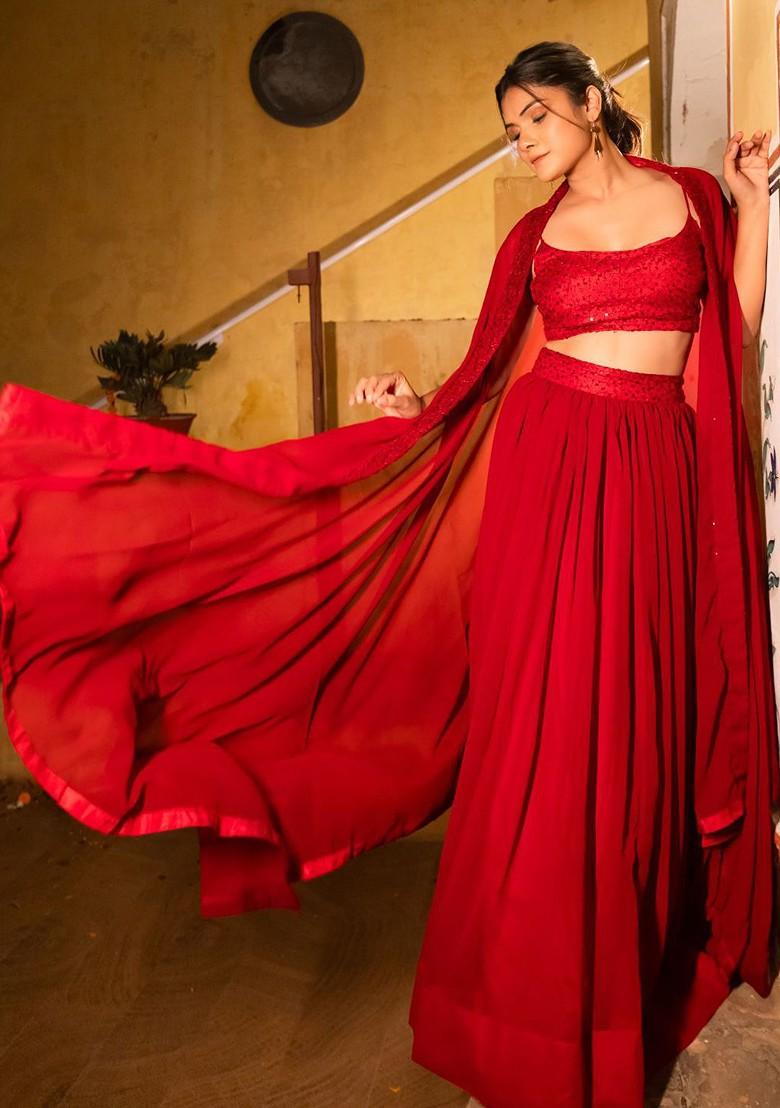 Red Emboridered Blended Lehenga Choli - Indya