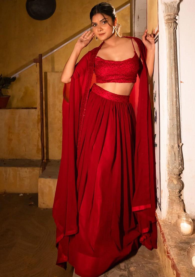 Red Emboridered Blended Lehenga Choli