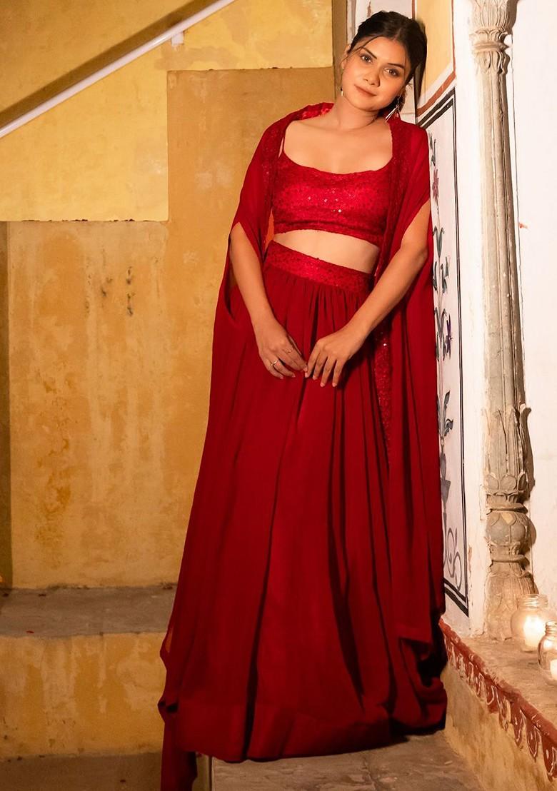 Red Emboridered Blended Lehenga Choli