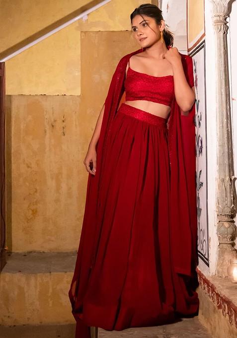 Red Emboridered Blended Lehenga Choli