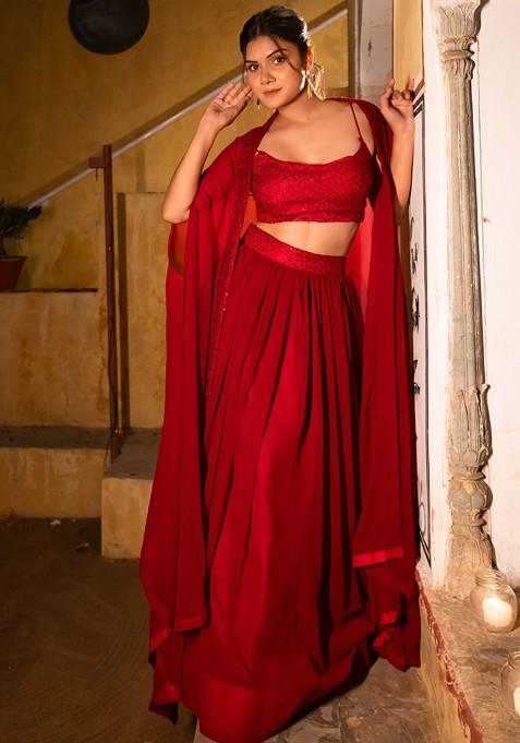 Red Emboridered Blended Lehenga Choli