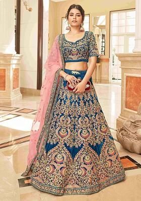 Blue Embellished Blended Lehenga Choli