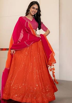 Orange Printed Blended Lehenga Choli