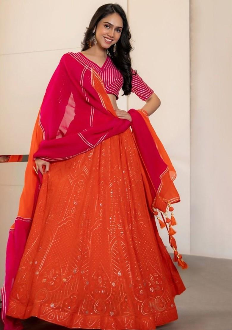 Orange Printed Blended Lehenga Choli - Indya