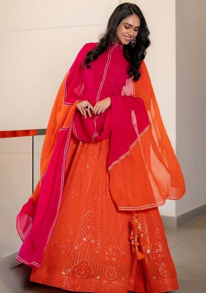 Orange Printed Blended Lehenga Choli - Indya
