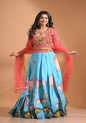 Blue Emboridered Blended Lehenga Choli