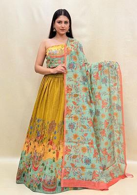 Mustard Printed Blended Lehenga Choli