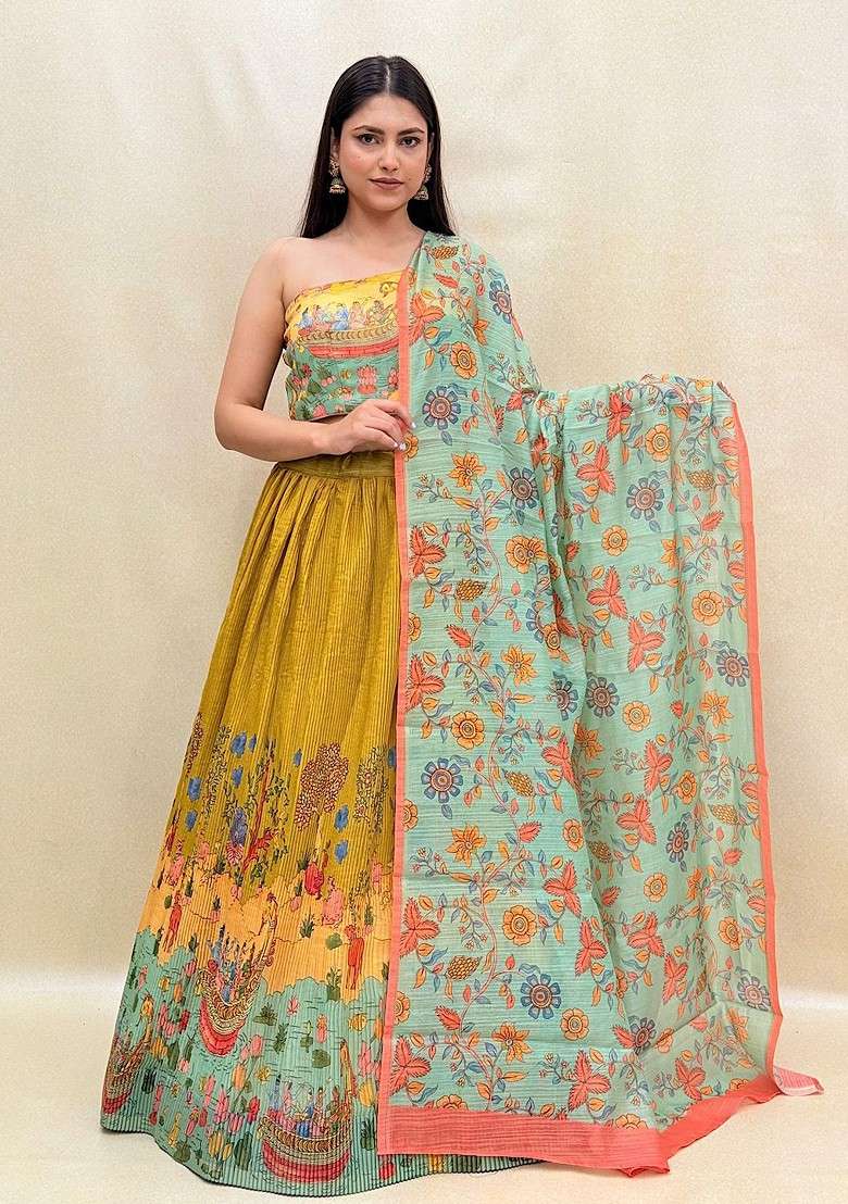 Mustard Printed Blended Lehenga Choli - Indya