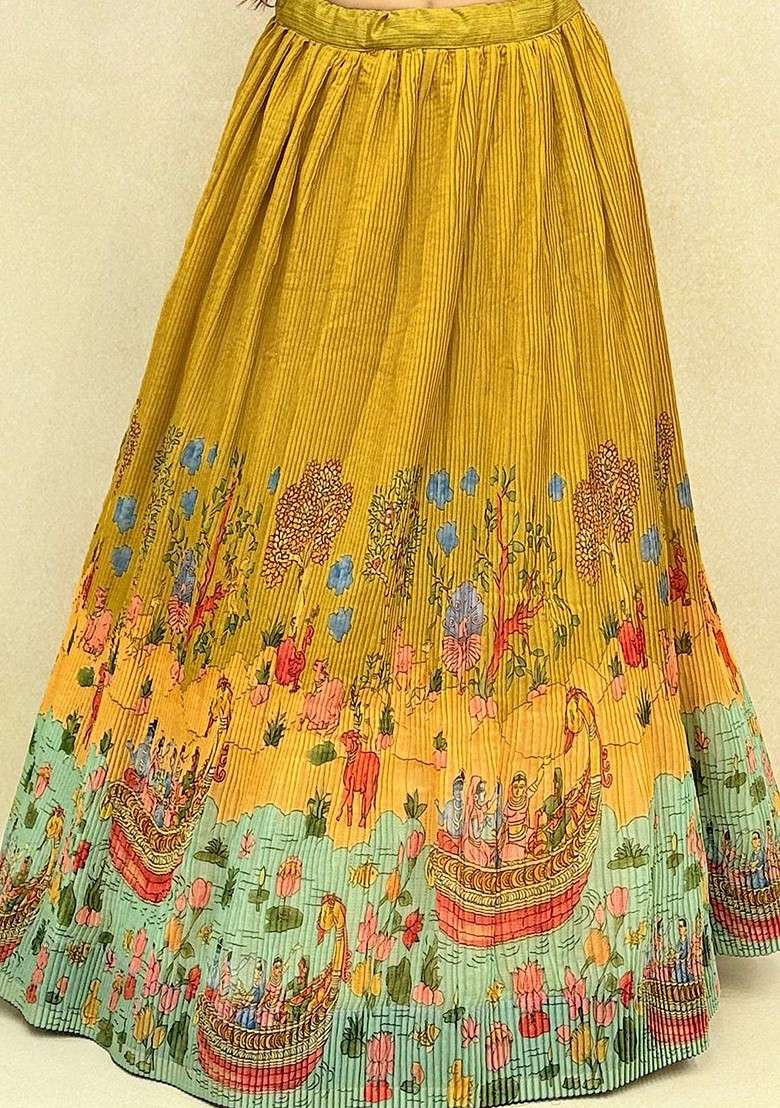 Mustard Printed Blended Lehenga Choli - Indya