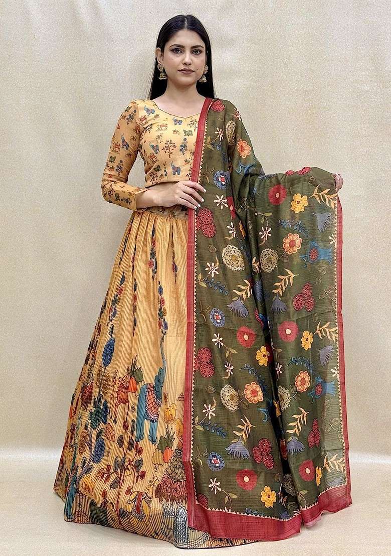 Yellow Printed Blended Lehenga Choli - Indya