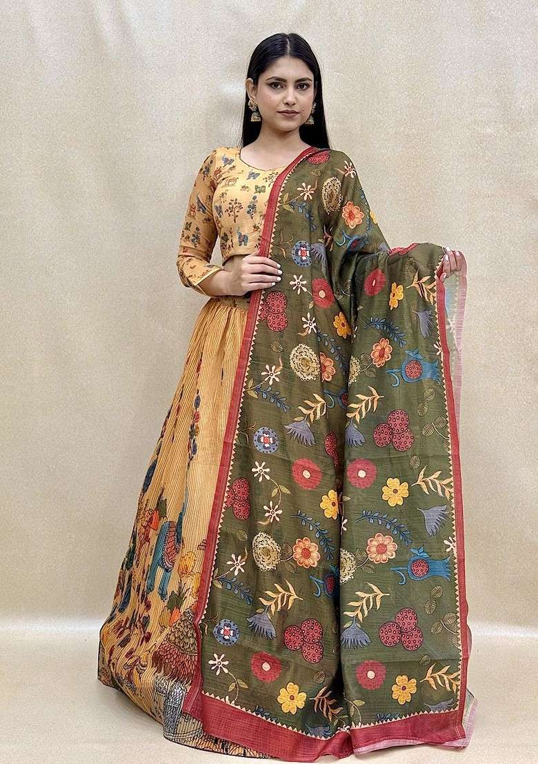 Yellow Printed Blended Lehenga Choli - Indya