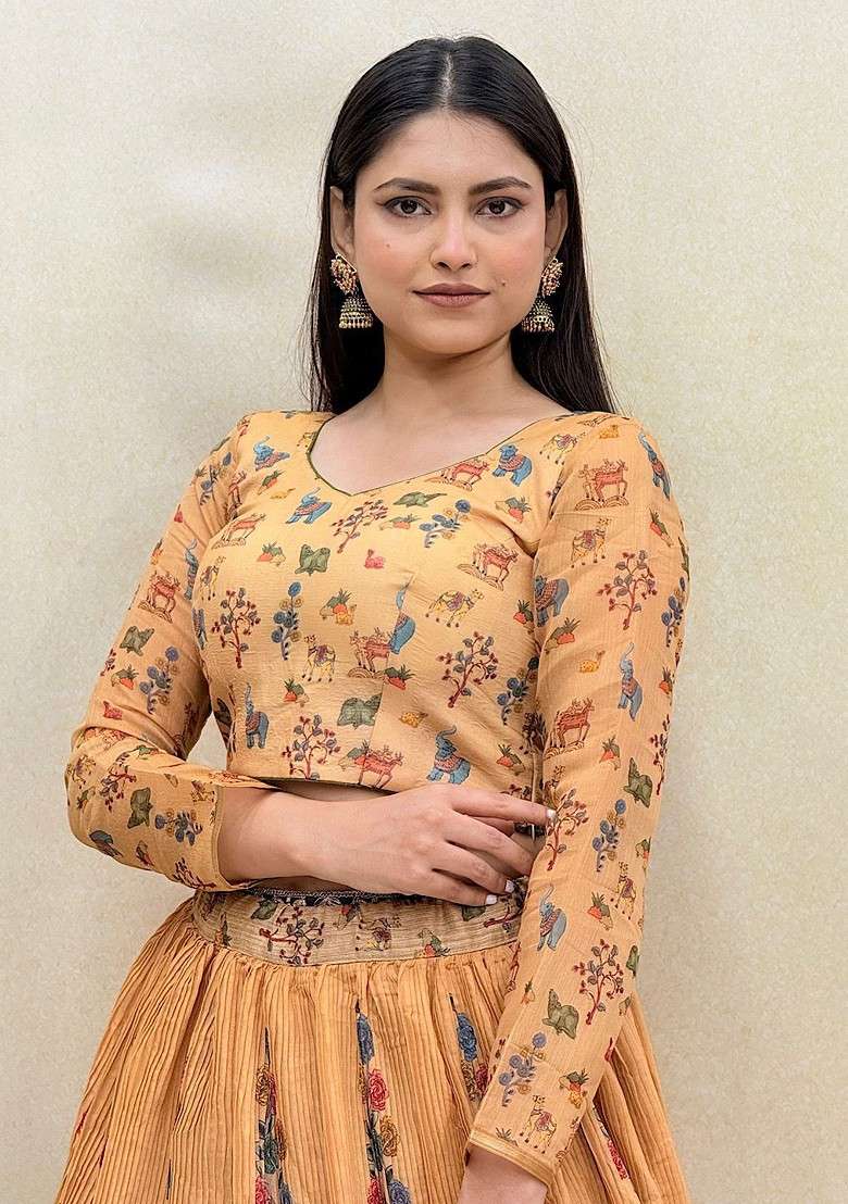 Yellow Printed Blended Lehenga Choli - Indya