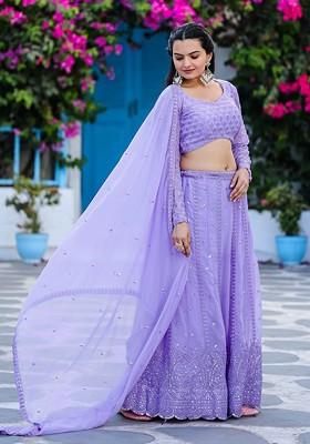 Purple Emboridered Blended Lehenga Choli