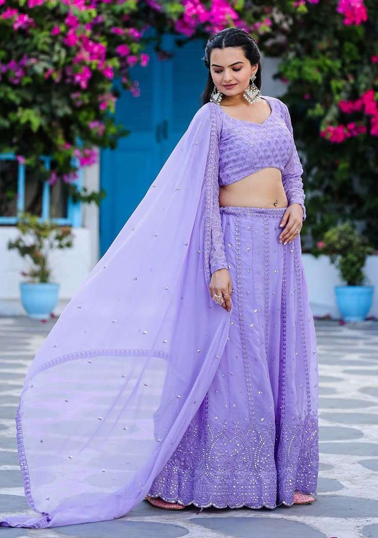 Purple Emboridered Blended Lehenga Choli - Indya