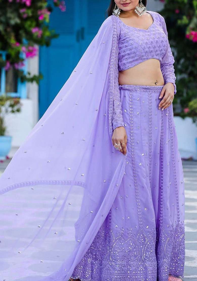 Purple Emboridered Blended Lehenga Choli - Indya