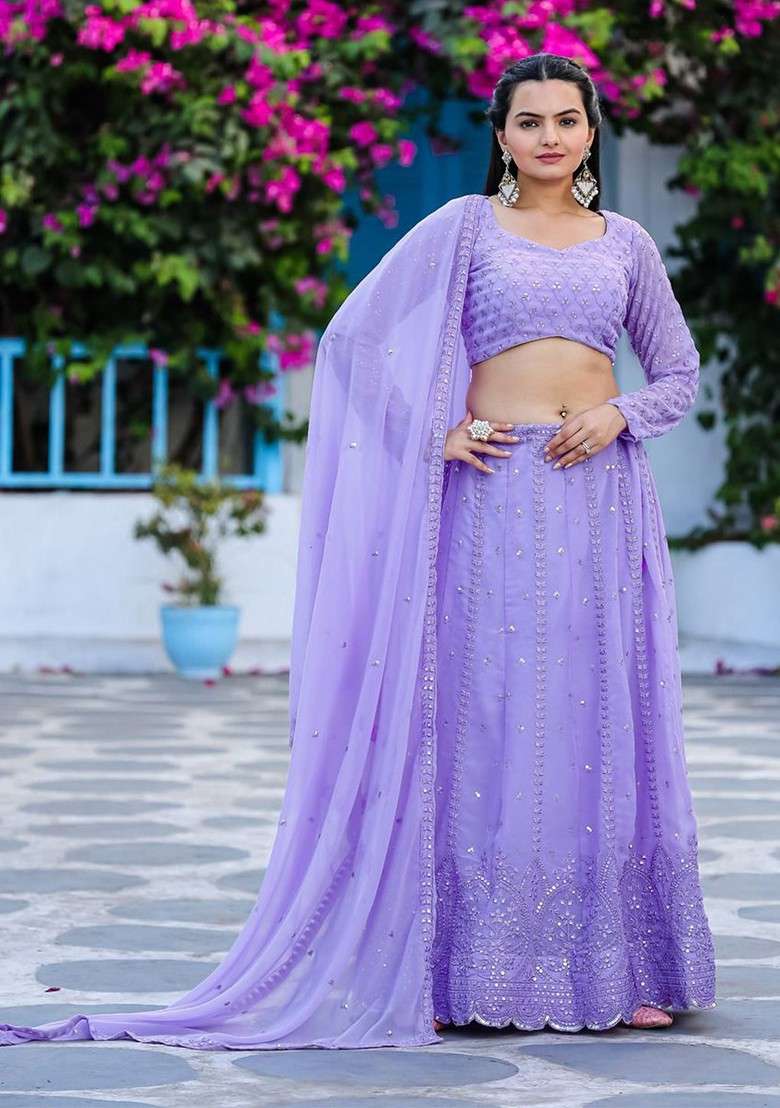 Purple Emboridered Blended Lehenga Choli - Indya