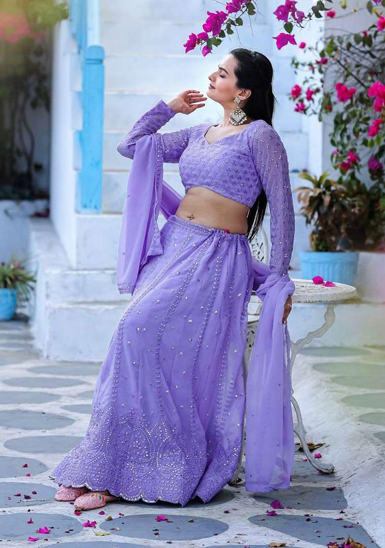 Purple Emboridered Blended Lehenga Choli - Indya