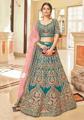 Green Emboridered Blended Lehenga Choli