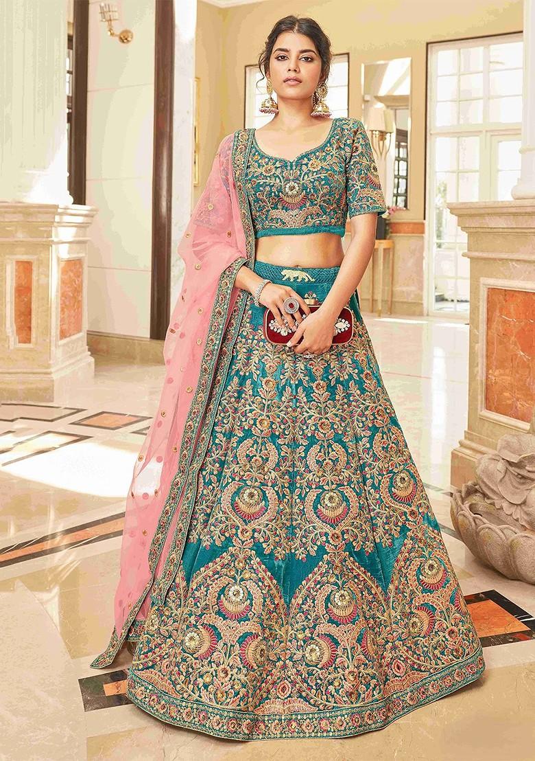 Green Emboridered Blended Lehenga Choli - Indya