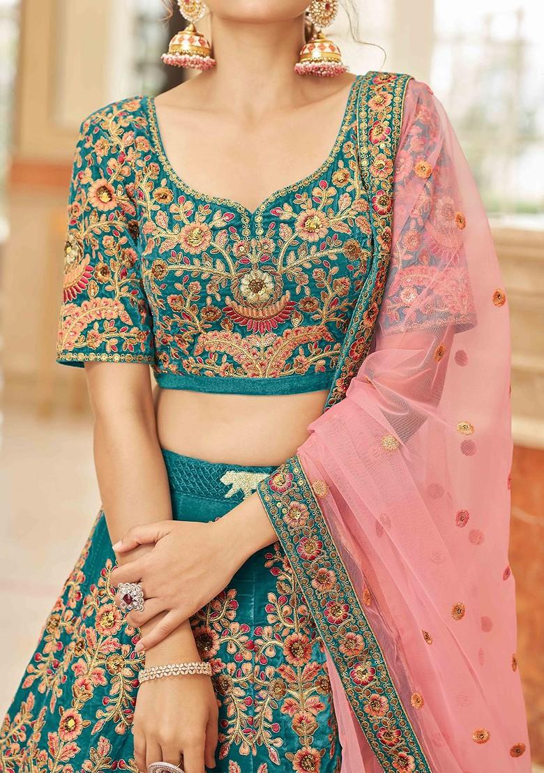 Green Emboridered Blended Lehenga Choli - Indya