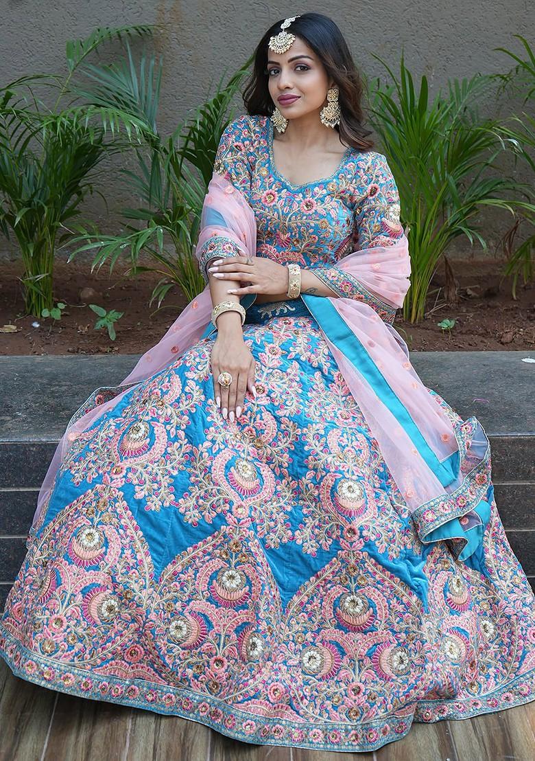 Teal Emboridered Blended Lehenga Choli - Indya