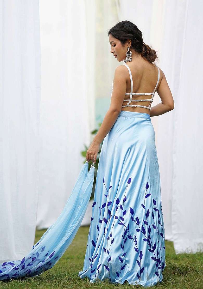 Blue Printed Blended Lehenga Choli - Indya