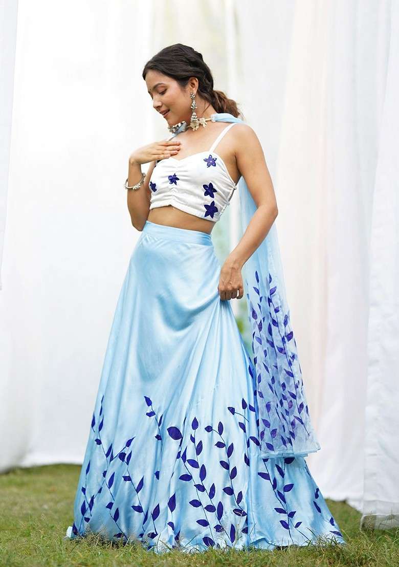 Blue Printed Blended Lehenga Choli - Indya