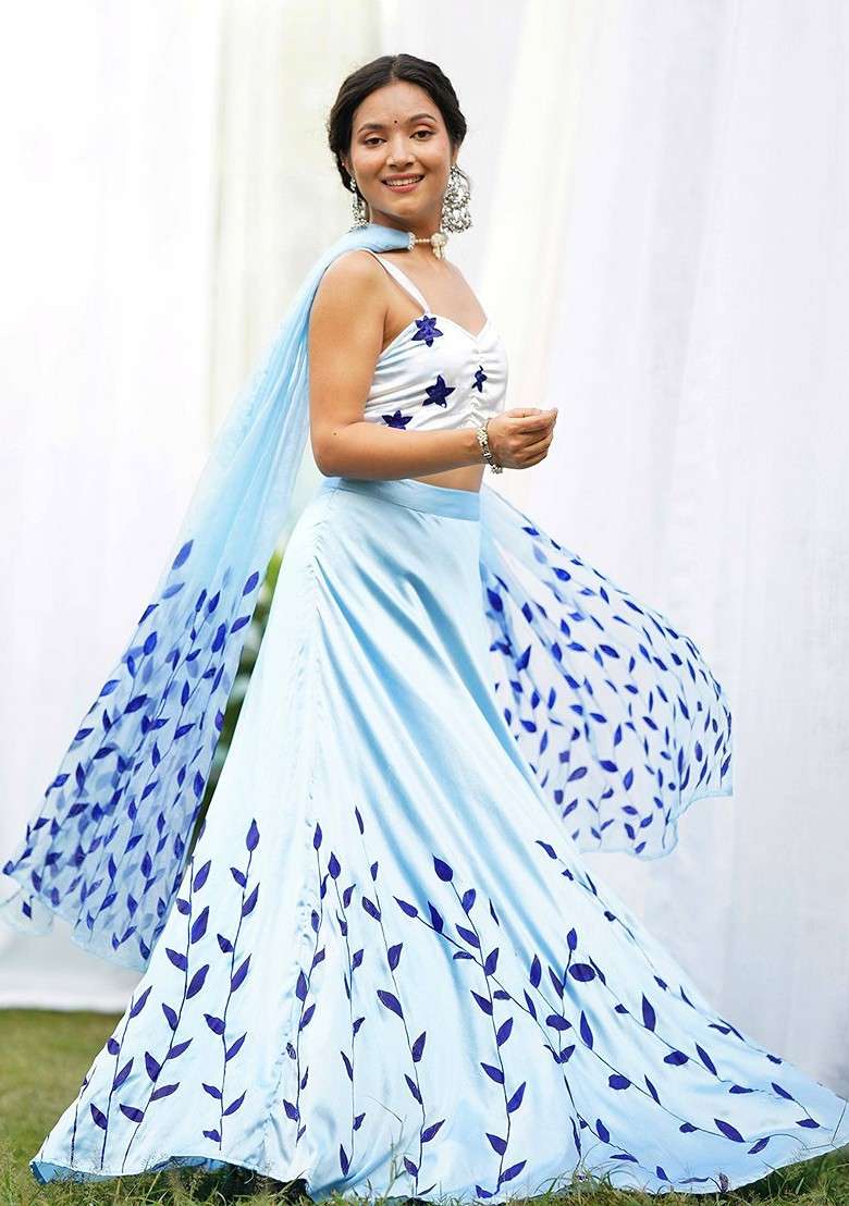 Blue Printed Blended Lehenga Choli - Indya