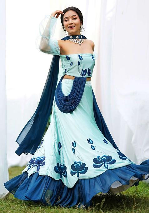 Blue Printed Blended Lehenga Choli — view on Indya