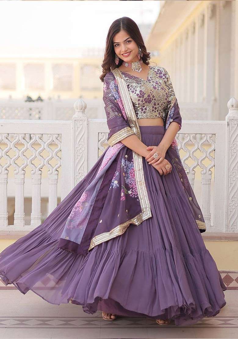 Purple Embellished Blended Lehenga Choli - Indya