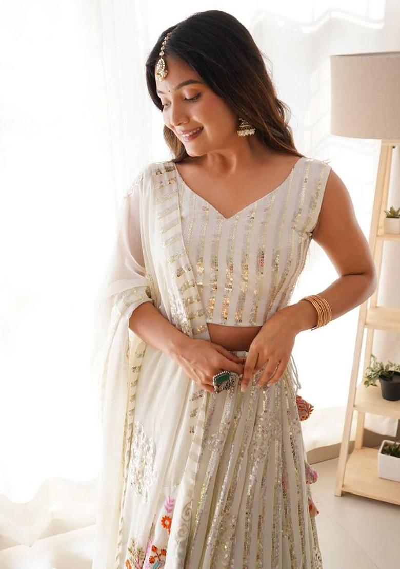 White Embellished Blended Lehenga Choli - Indya