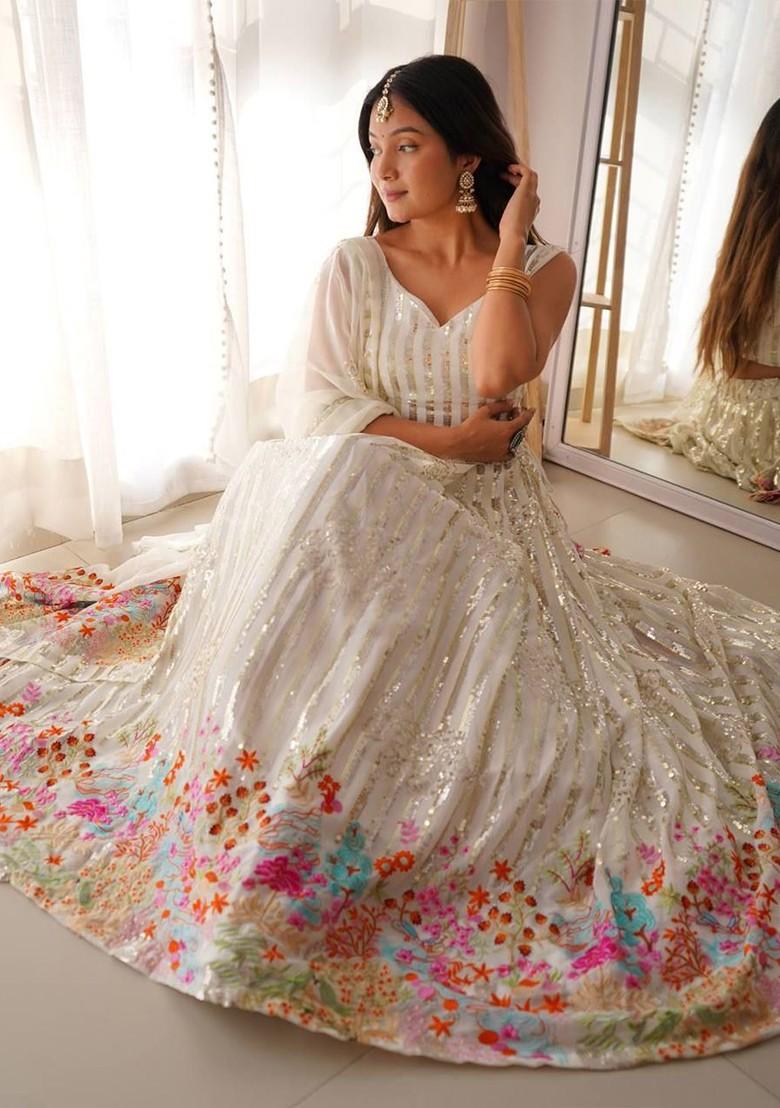 White Embellished Blended Lehenga Choli - Indya