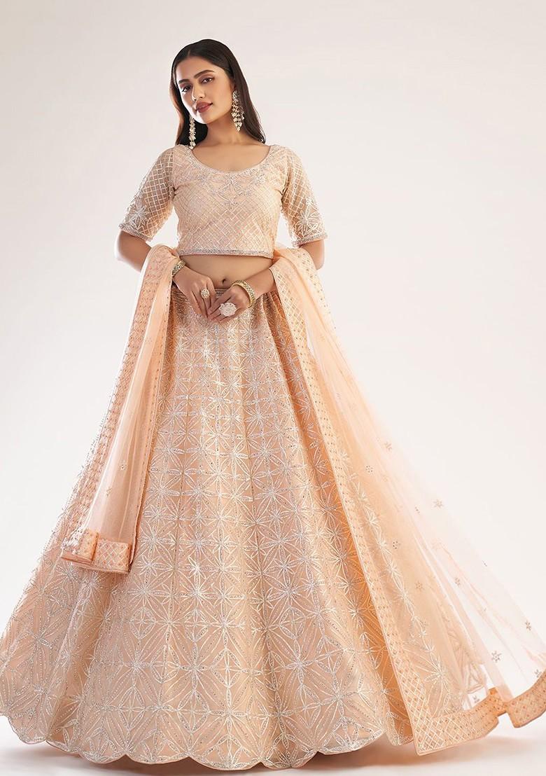 Peach Emboridered Blended Lehenga Choli - Indya