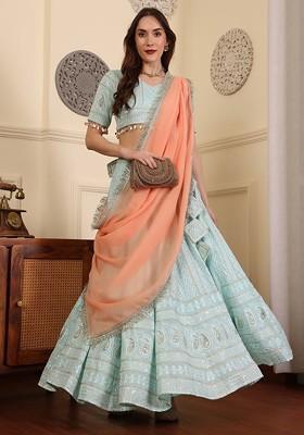 Blue Emboridered Blended Lehenga Choli