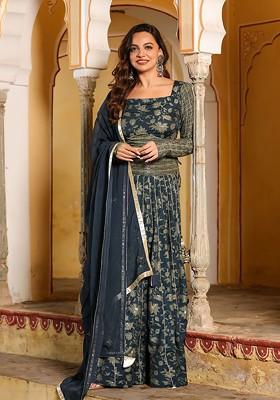 Blue Printed Blended Lehenga Choli