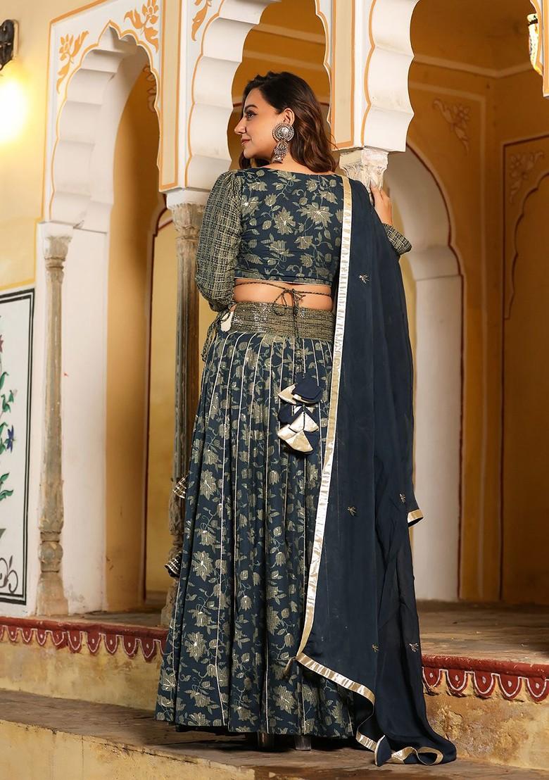 Blue Printed Blended Lehenga Choli - Indya