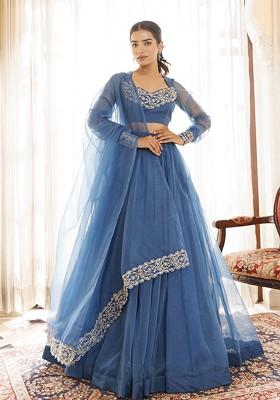 Blue Emboridered Blended Lehenga Choli