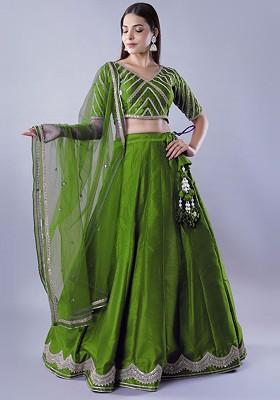 Green Emboridered Blended Lehenga Choli