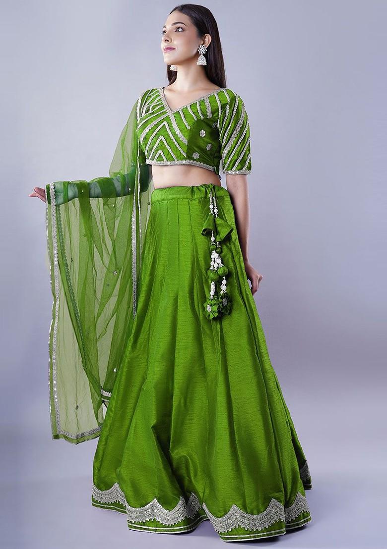 Green Emboridered Blended Lehenga Choli - Indya