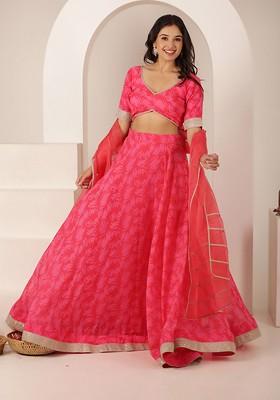 Pink Printed Blended Lehenga Choli