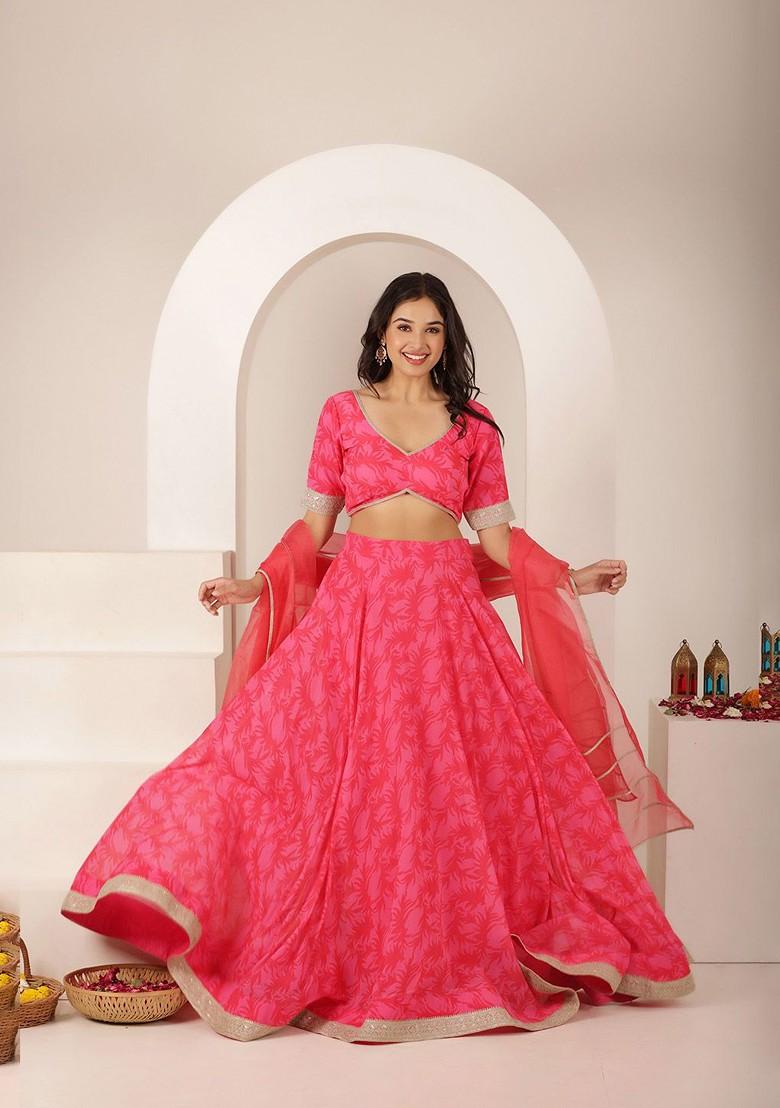 Pink Printed Blended Lehenga Choli
