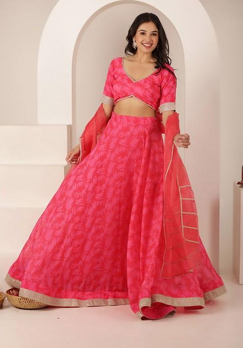 Pink Printed Blended Lehenga Choli