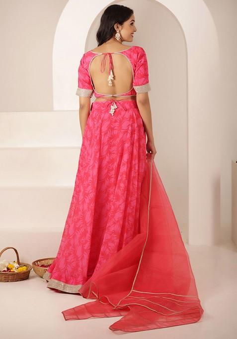 Pink Printed Blended Lehenga Choli