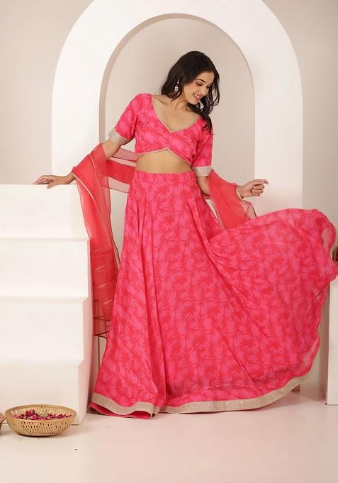 Pink Printed Blended Lehenga Choli