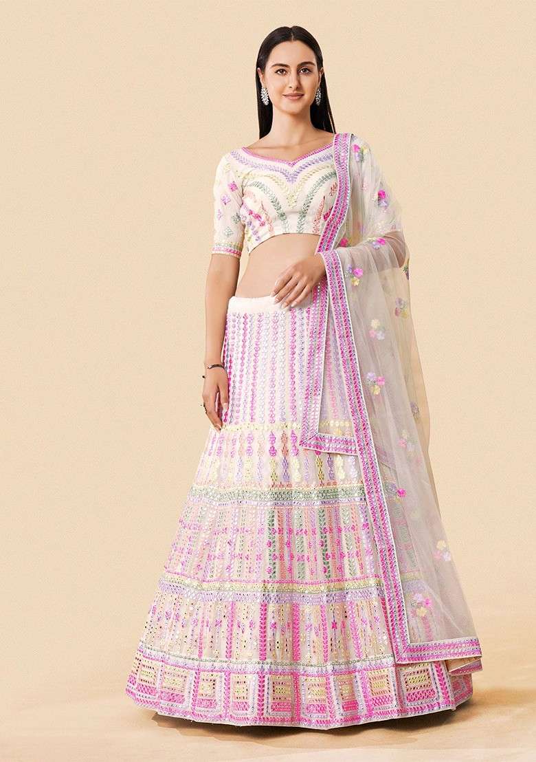 White Embellished Blended Lehenga Choli - Indya