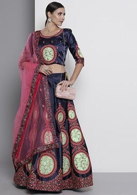 Navy Blue Emboridered Blended Lehenga Choli